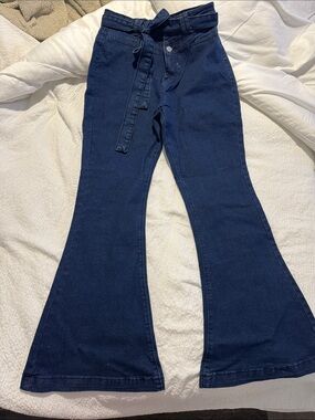 High-Rise Dark Blue Flare Jeans with Tie Belt